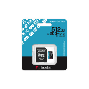 Kingston MicroSDXC karta 512GB Canvas Go! Plus, R:200/W:160MB/s, Class 10, UHS-I, U3, V30, A2 + Adaptér