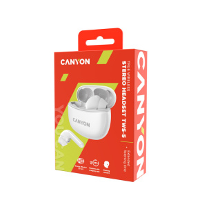Canyon TWS-5, True Wireless Bluetooth slúchadlá do uší, USB-C nabíjanie, nabíjacia stanica v kazete, biele