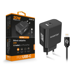 Múdra sieťová nabíjačka ALIGATOR Power Delivery 20W, USB-C kábel pre iPhone / iPad, čierna