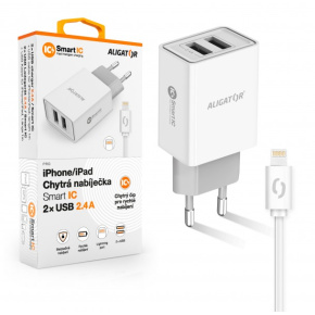 ALIGATOR Chytrá sieťová nabíjačka 2,4A, 2xUSB, smart IC, biela, USB kábel pre iPhone / iPad