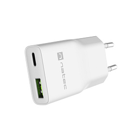 Univerzálna USB nabíjačka Natec RIBERA GaN SLIM, 20 W, 1X USB-A + 1X USB-C, Biela