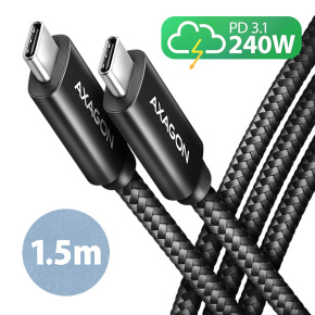 AXAGON BUCM2-CM15AB, CHARGE kábel USB-C <-> USB-C, 1.5m, Hi-Speed ??USB, PD 240W 5A, ALU, oplet, čierny