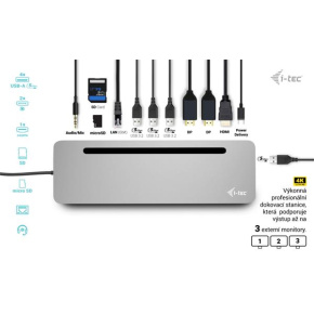 i-tec USB-C Metal Ergonomic 4K 3x Display Docking Station, PD 100W + Charger 100W