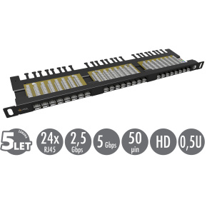 19'' patch panel Solarix 24xRJ45 CAT6 UTP s vyväzovacou lištou čierny 0,5 U SX24HD-6-UTP-BK