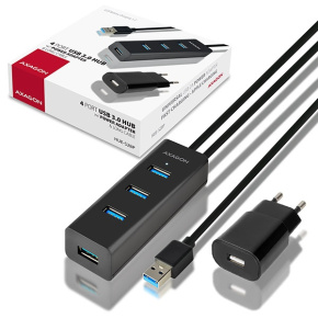 AXAGON HUE-S2BP, 4x USB 3.0 CHARGING húb, vr. AC adaptéra, kábel USB-A 1.2m