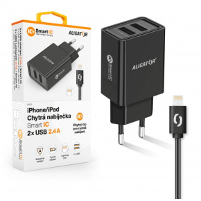 ALIGATOR Chytrá sieťová nabíjačka 2,4 A, 2xUSB, smart IC, čierna, USB kábel pre iPhone / iPad