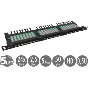 19'' patch panel Solarix 24xRJ45 CAT5E UTP s vyväzovacou lištou čierny 0,5U SX24HD-5E-UTP-BK
