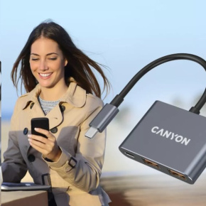 Canyon DS-3, USB-C Hub, 3 porty, 2xUSB-A 10Gbps, 1xUSB-C 10Gbps, šedá