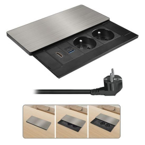 Solight vestavný blok zásuvek s posuvným krytem, 2 zásuvky, HDMI, USB A+C 20W PD, 2m, stříbrný