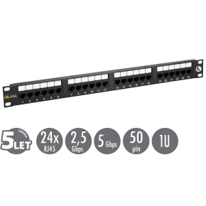 19'' patch panel Solarix 24 x RJ45 CAT5E UTP 150 MHz čierny 1U SX24-5E-UTP-BK