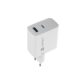 Univerzálna USB nabíjačka Natec RIBERA GaN 45W, 1X USB-A, 1X USB-C, biela