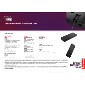 Lenovo ThinkPad Thunderbolt 5 Smart Dock 7500 - PD180W(2x TB5, 2xDP, 1x HDMI, 1xRJ45,2x USB-C, 3x USB) max 4x LCD Lenovo ThinkPad Thunderbolt 5 Smart Dock 7500 - PD180W(2x TB5, 2xDP, 1x HDMI, 1xRJ45,2x USB-C, 3x USB) max 4x LCD