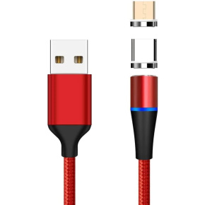 PremiumCord Magnetický micro USB a USB-C nabíjací a dátový kábel 1m, červený