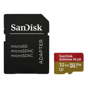 Karta SanDisk MicroSDHC 32GB Extreme PLUS (10MB/s, UHS-I V30, Rescue Pro Deluxe) + adaptér