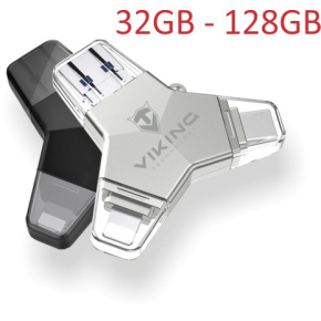 VIKING USB FLASH DISK 3.0 4v1 128GB, S KONCOVKOU APPLE LIGHTNING, USB-C, MICRO USB, USB3.0, čierna