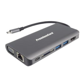 PremiumCord Prevodník USB3.1 typ C na HDMI+VGA+RJ45+2xUSB3.0+SD card +3,5mm+PD charge