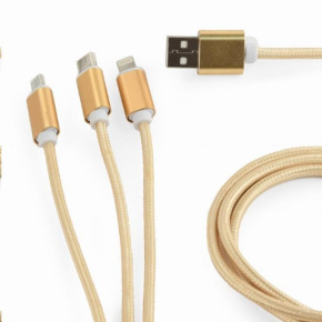 GEMBIRD kábel CABLEXPERT USB A Male/Micro B + Type-C + Lightning, 1 m, opletený, zlatý, blister