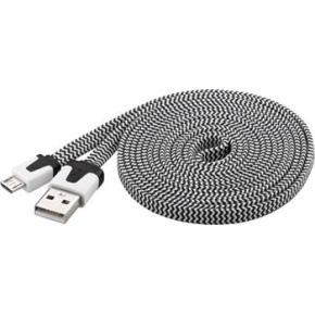 PremiumCord Kábel micro USB 2.0, A-B 2m, plochý textilný kábel, čierno-biely