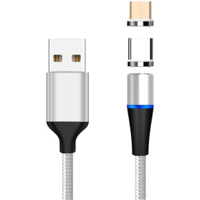 PremiumCord Magnetický micro USB a USB-C nabíjací a dátový kábel 1m, strieborný