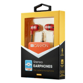 Canyon SEP-4, štýlové slúchadlá do uší, pre smartfóny, integrovaný mikrofón a ovládanie, plochý kábel, červené