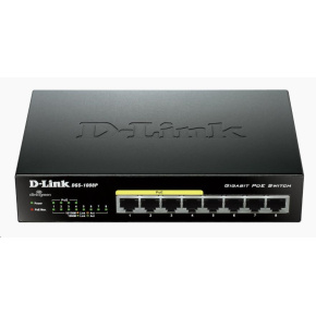 D-Link DGS-1008P 8-portový gigabitový stolový prepínač, 4 porty PoE+, rozpočet PoE 68 W