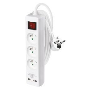 EMOS Predlž. kábel 3z2m, vyp, 1,5mm, 2xUSB (2,1A)