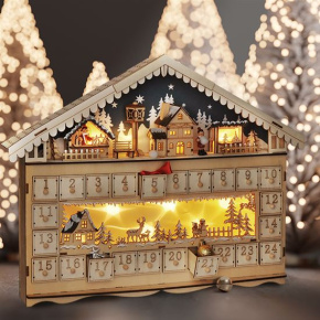 Solight LED adventní kalnedář - horská chata, 10x LED, 50x40cm, 2x AA