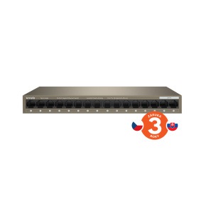 Tenda TEG1016M 16-port Gigabit Switch, 16x 10/100/1000 Mb/s, Fanless, MAC 8K, napájanie AC/DC, aj múr